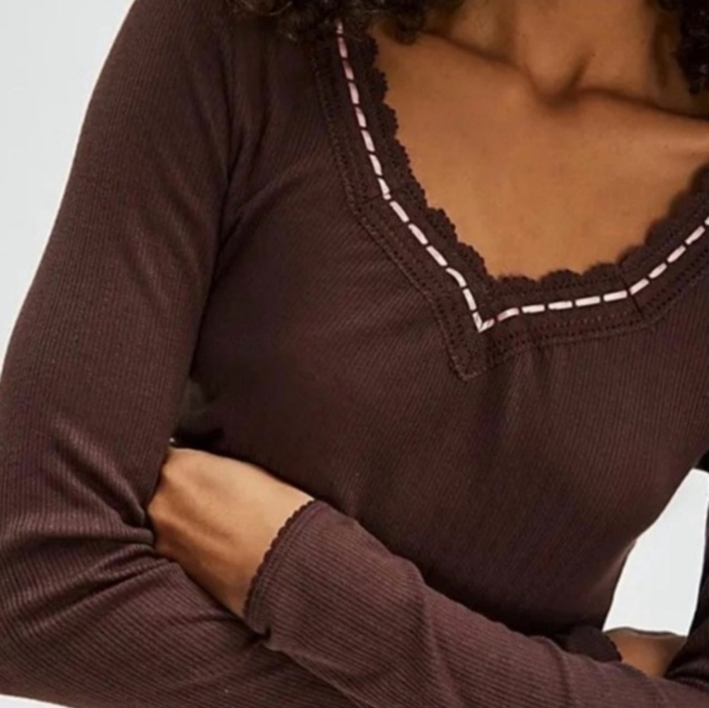 NWT Free People Only You Brown Long Sleeve Ribbon Laced Top - Picture 2 of 11